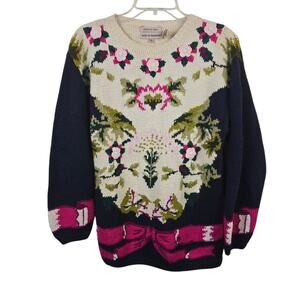 Lauren Hansen Vintage 90s Embroidery Floral Cottagecore Knit Navy Sweater Boho S
